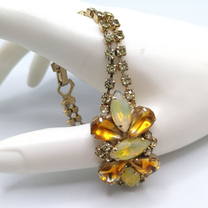 Topaz Opalescent Rhinestone Bracelet, Gold Plated, 1960s Vintage Jewelry