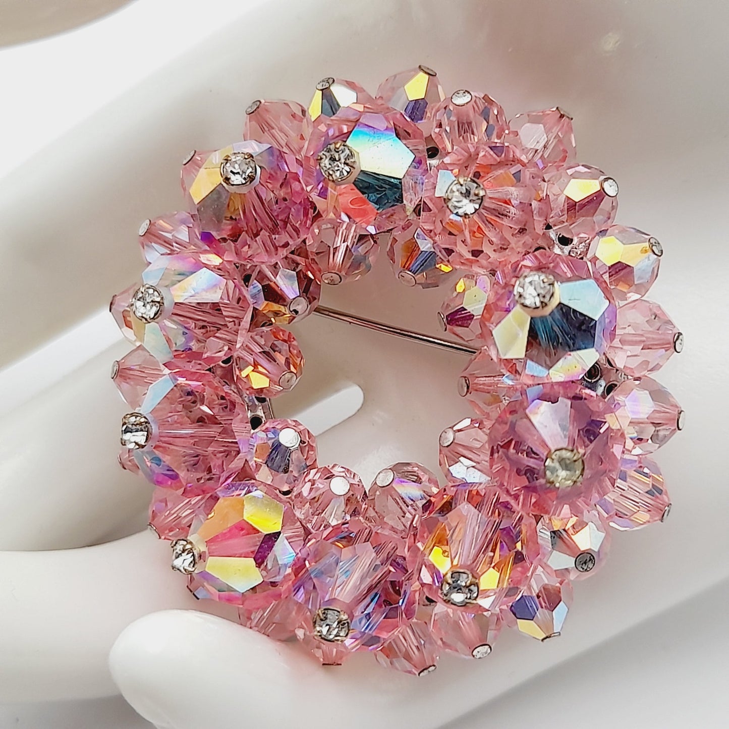 Vintage 1960s Pink Crystal Beaded Brooch Rhinestone Head Pin Accents