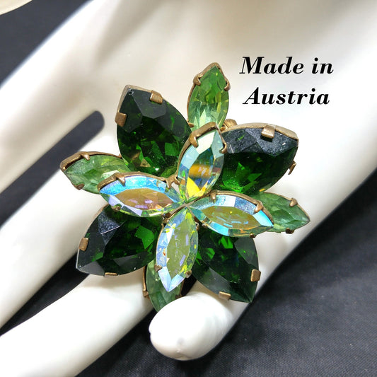Austrian Green Crystal Rhinestone Brooch, Aurora Borealis, 1960s Vintage Jewelry