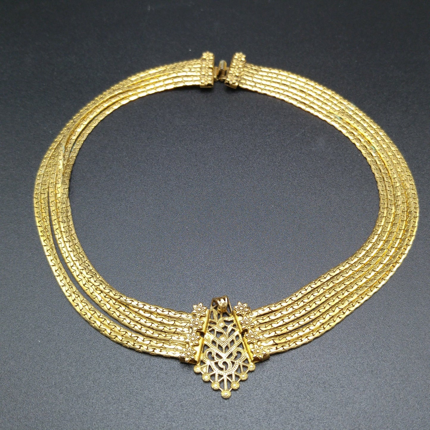 Freirich Victorian Choker Necklace, Gold Plated, Six Strands, 1960s Vintage Jewelry