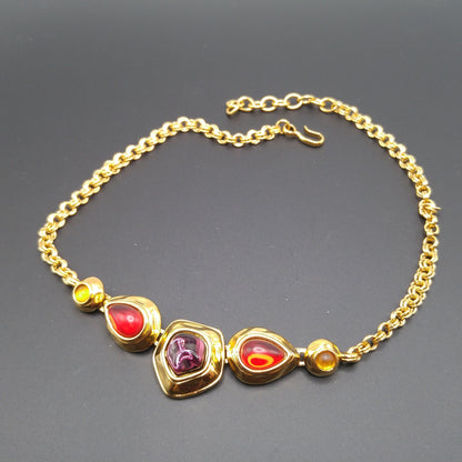 Monet Gold Plated Choker Necklace, Red Purple Glass Cabochons, 1980s Vintage Jewelry
