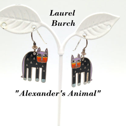 Laurel Burch "Alexander's Animal" Cat Earrings, Rhodium Plated Enamel, 1980s Vintage Jewelry