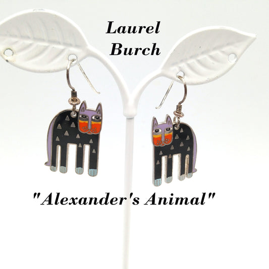 Laurel Burch "Alexander's Animal" Cat Earrings, Rhodium Plated Enamel, 1980s Vintage Jewelry