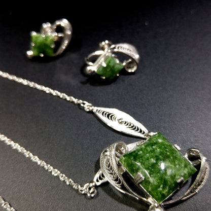 Sorrento Sterling Green Gemstone Necklace Screw Back Earrings Set,