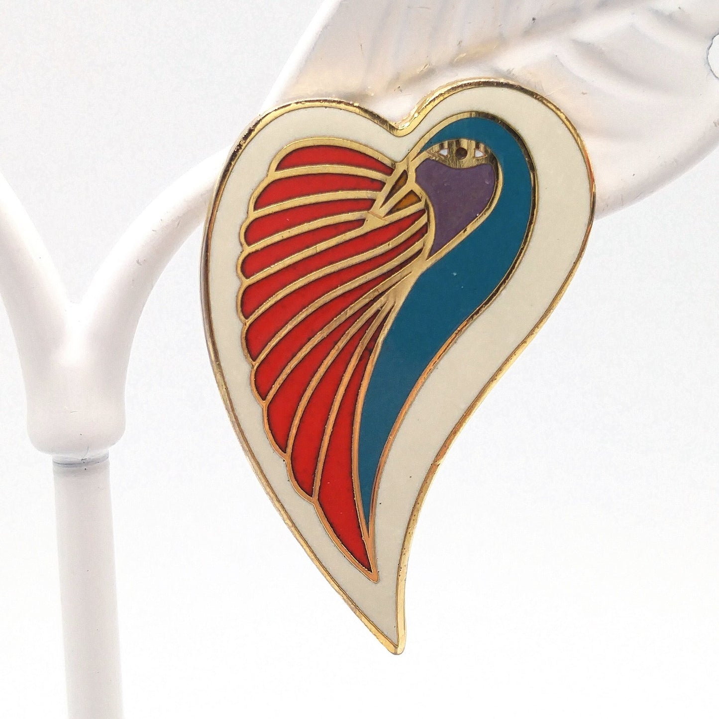 Vintage Laurel Burch "Dove Heart" Post Earrings, Cloisonne Enamel, Gold Plated