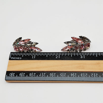 Vintage Sherman Pink Silver Floral Spray Rhodium Plated Clip Earrings