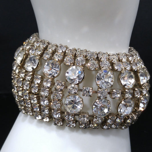 Mid Century Clear Rhinestone Wide Bracelet, 22K Gold Plate, 1950s Vintage Jewelry