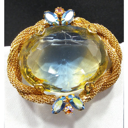 Large Glass Mesh Frame Brooch & Pendant, Gold Plated, 1960s Vintage Jewelry