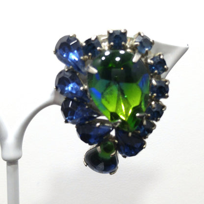 Weiss Blue Green Rhinestone Earrings, Rhodium Plated, 1950s Vintage Jewelry