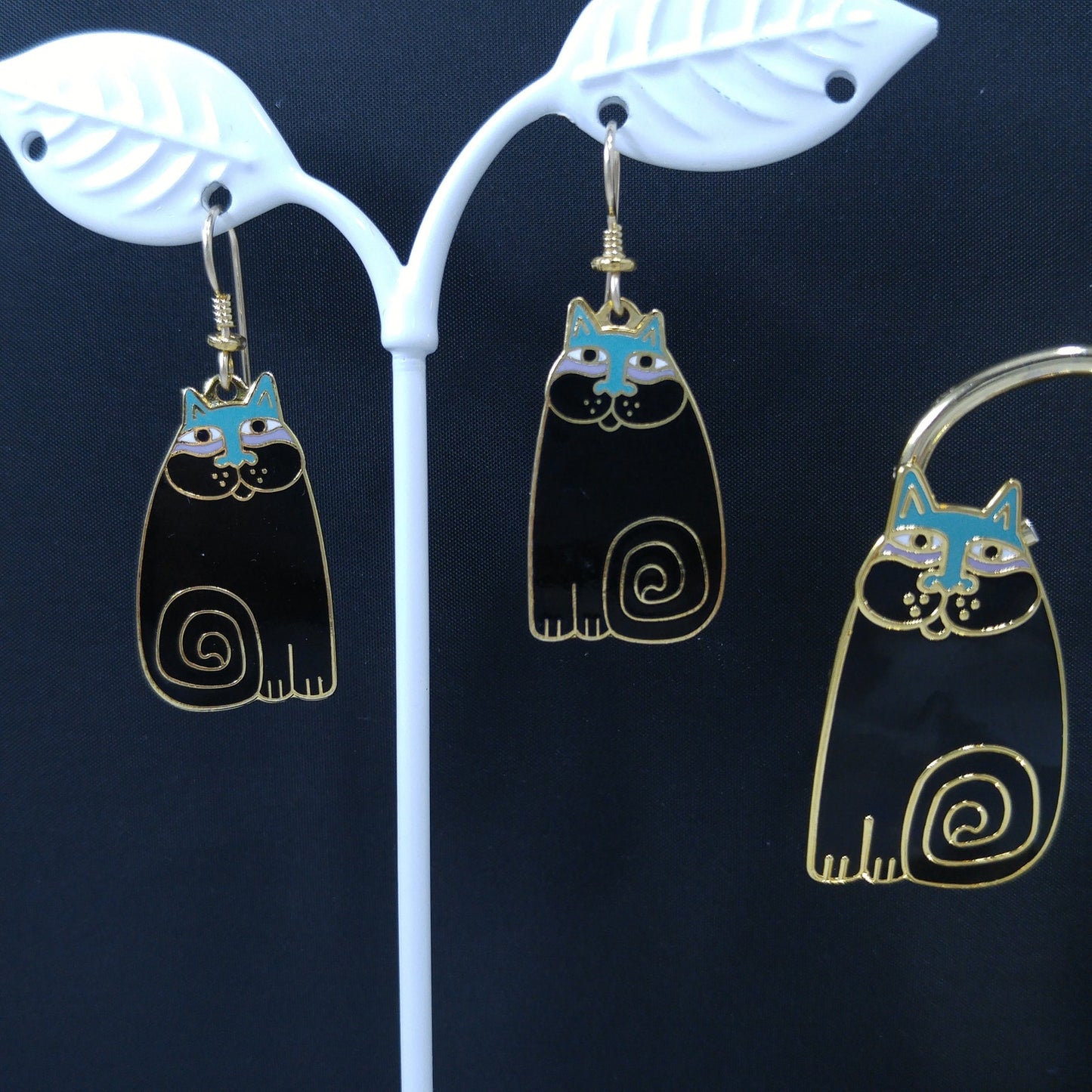 Laurel Burch "Olivia" Cat Earrings & Pendant Brooch Combo, 1980s Vintage Jewelry