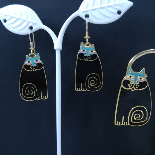 Laurel Burch "Olivia" Cat Earrings & Pendant Brooch Combo, 1980s Vintage Jewelry