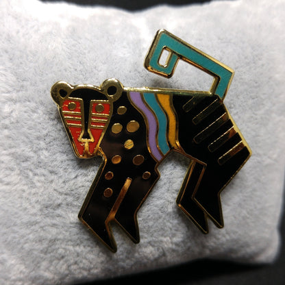 Laurel Burch "Mythical Monkey" Brooch, Gold Plated Cloisonne Enamel, 1980s