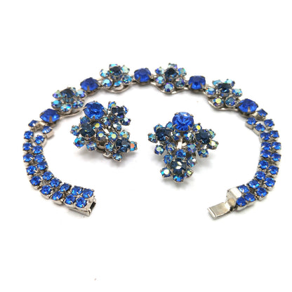Kramer AB Blue Bracelet Clip Earrings Set, Aurora Borealis, 1960s Vintage Jewelry
