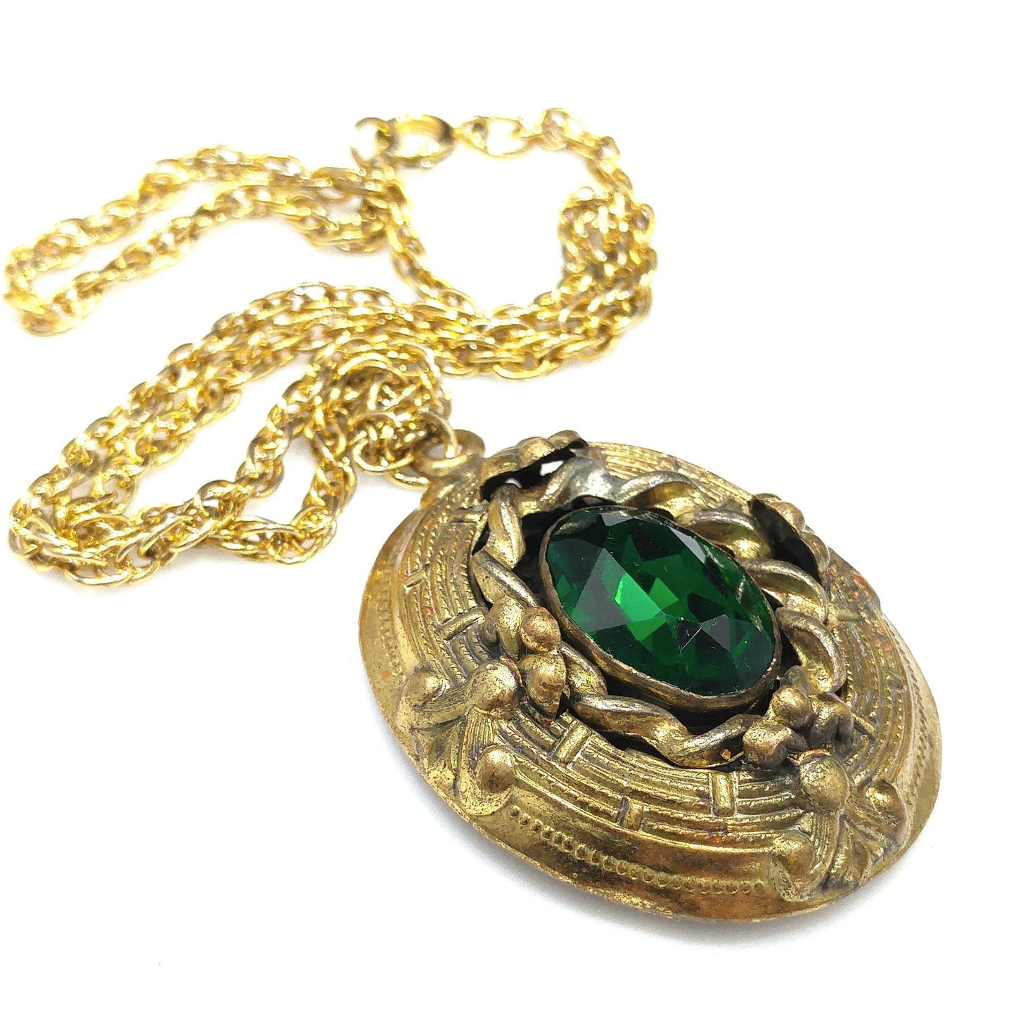 Antique 1920s Czech Emerald Green Glass Pendant Gold Filigree Necklace