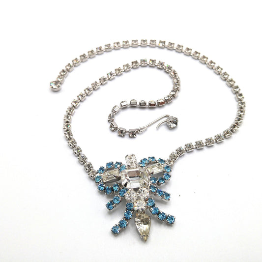 Mid-Century Turquoise Blue Clear Rhinestone Choker Necklace, Rhodium Plated, 1960s Vintage Jewelry