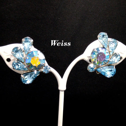 Weiss Light Blue Rhinestone Clip Earrings, Rhodium Plated, 1960s Vintage Jewelry