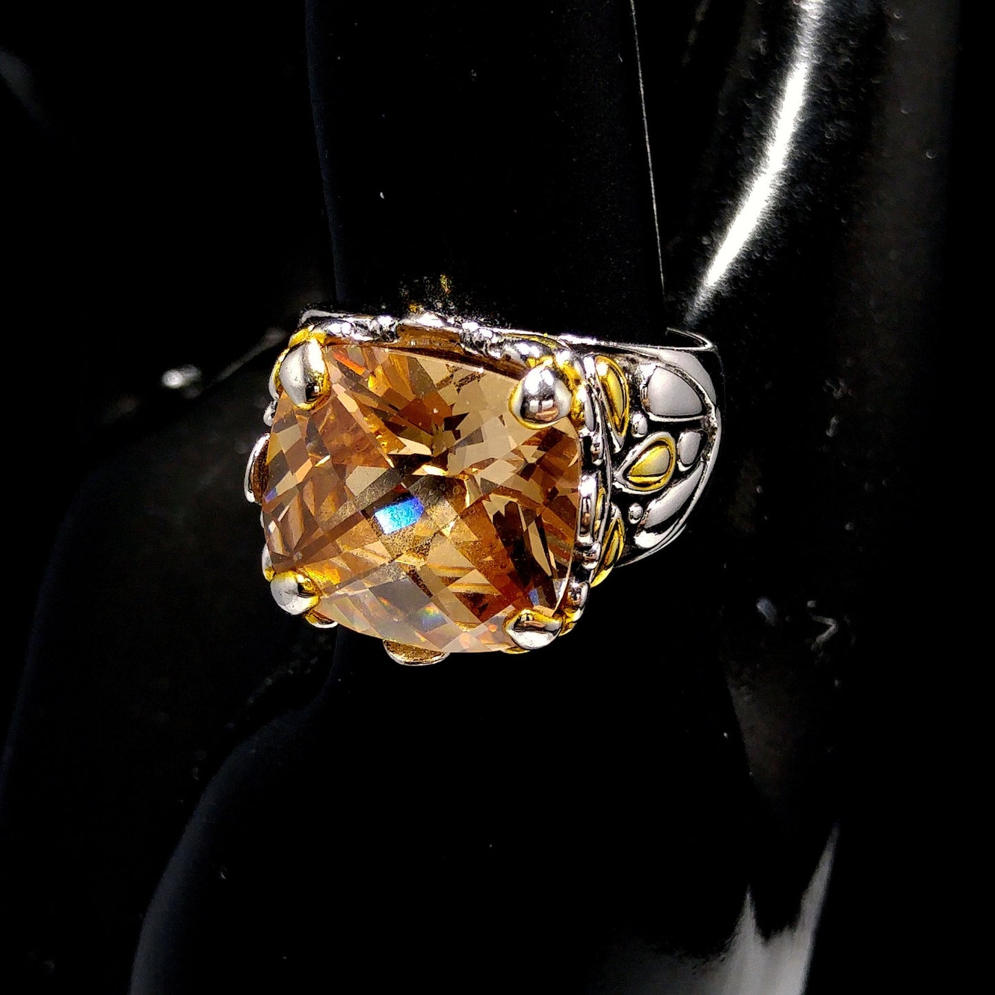 Champagne Gemstone Ring, 18KGE, Vintage Statement Jewelry, Size 8