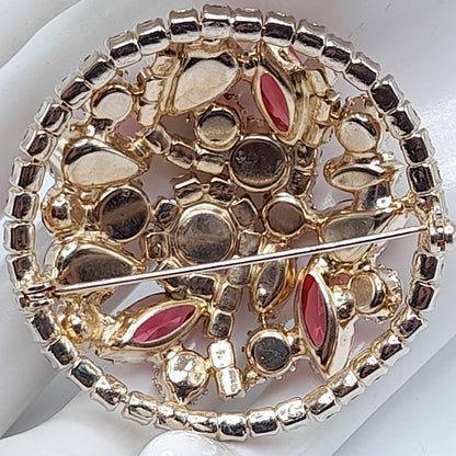 Vintage Unsigned Weiss Pink Rhinestone Brooch, Gold Plated, 1960s