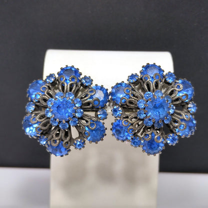 Vendome Blue Rhinestone Floral Clip Earrings, Antiqued Silver Tone, 1950s Vintage Jewelry