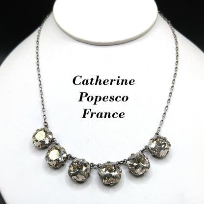 Catherine Popesco Art Deco Style Necklace, Clear Crystal Rhinestones, Silver Plated French Jewelry, 1980s Vintage Necklace