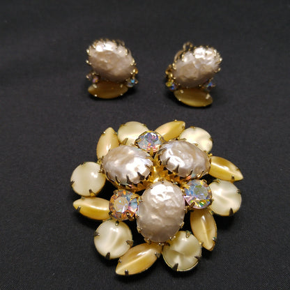 Faux Baroque Pearls AB Rhinestone Brooch Earrings, Gold Plated, 1960s Vintage Jewelry