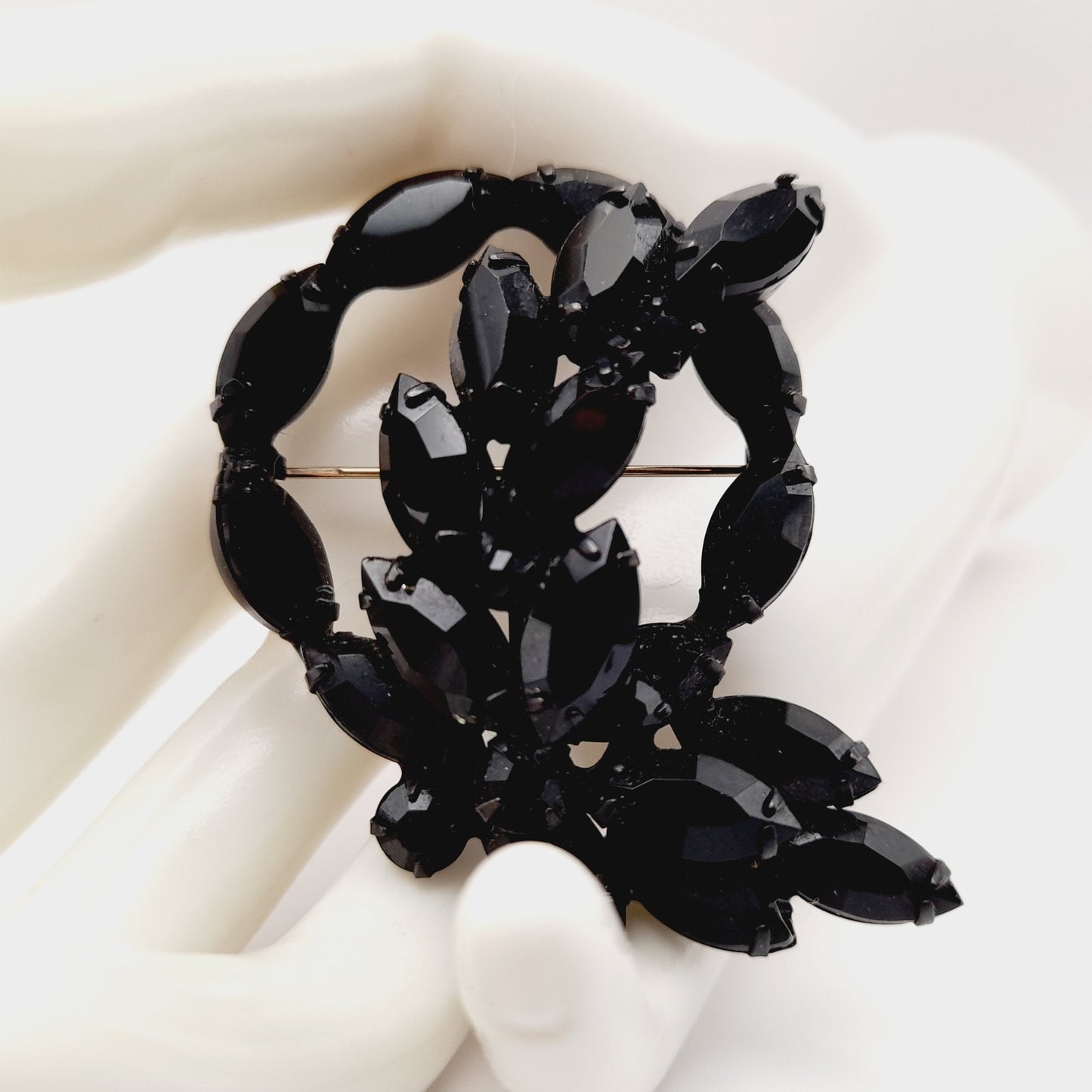 Vintage Black Rhinestone Wreath Floral 1960s Brooch, Japanned Black Enamel