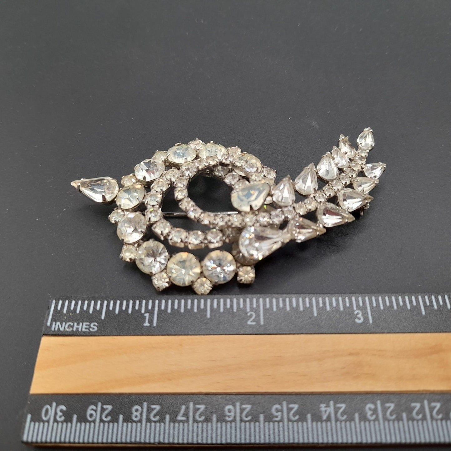 Mid-Century Clear Floral Spray Brooch, Rhodium Plated, Wedding Brooch, 1960s Vintage Jewelry