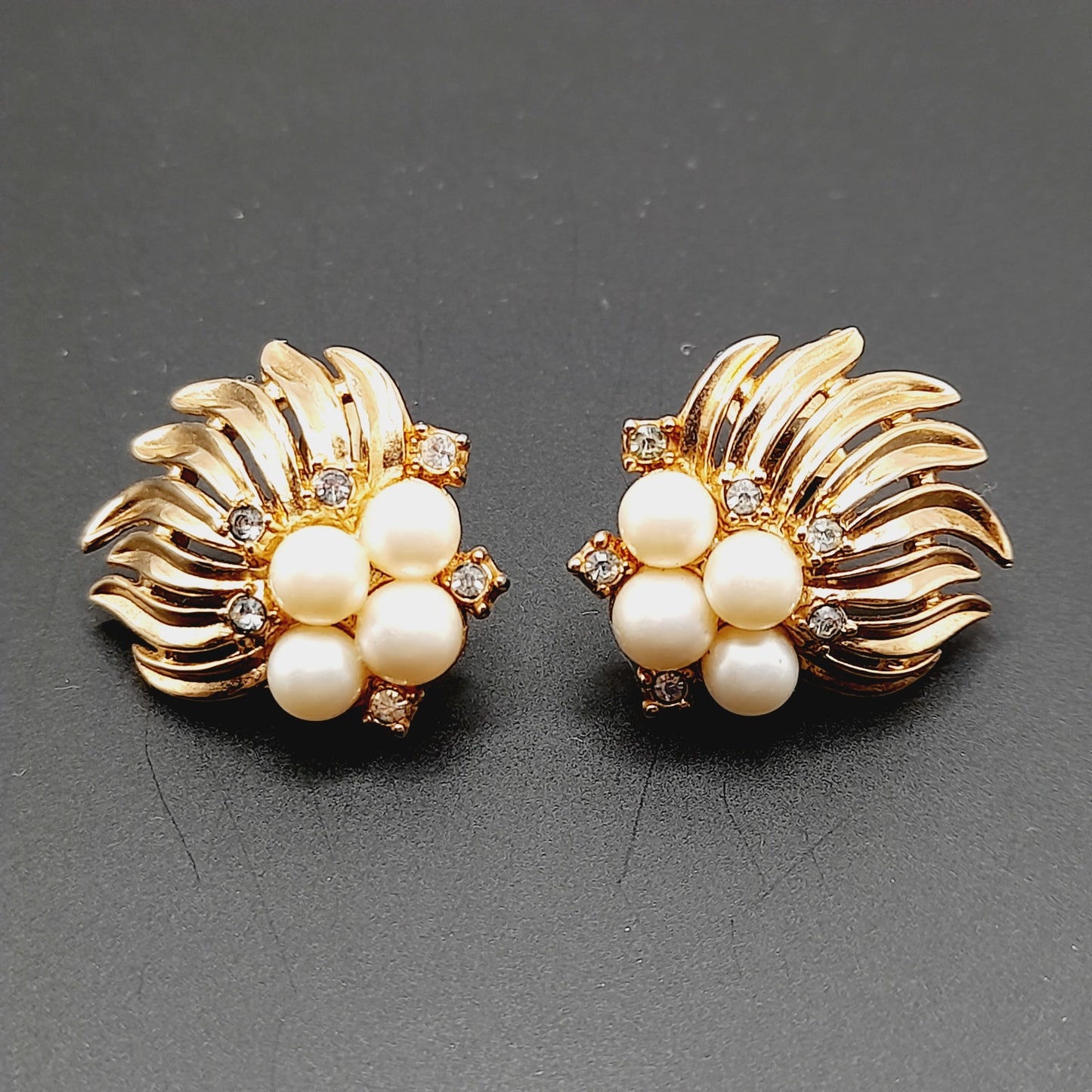 Vintage Crown Trifari Clip Earrings | Faux Pearl & Rhinestone Gold Tone - Mid-Century
