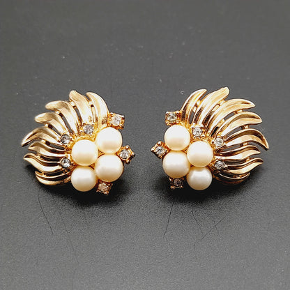 Vintage Crown Trifari Clip Earrings | Faux Pearl & Rhinestone Gold Tone - Mid-Century