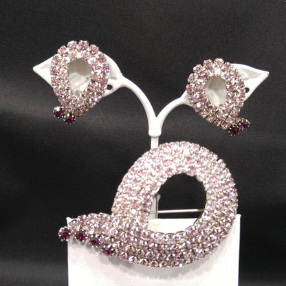 Purple Lavender Rhinestone Brooch & Earrings Set, Mid Century Modern, Rhodium Plated, 1960s Vintage Jewelry