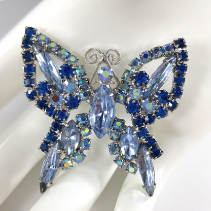 Blue Butterfly Brooch, Aurora Borealis, Rhodium Plated, 1960s Vintage Jewelry