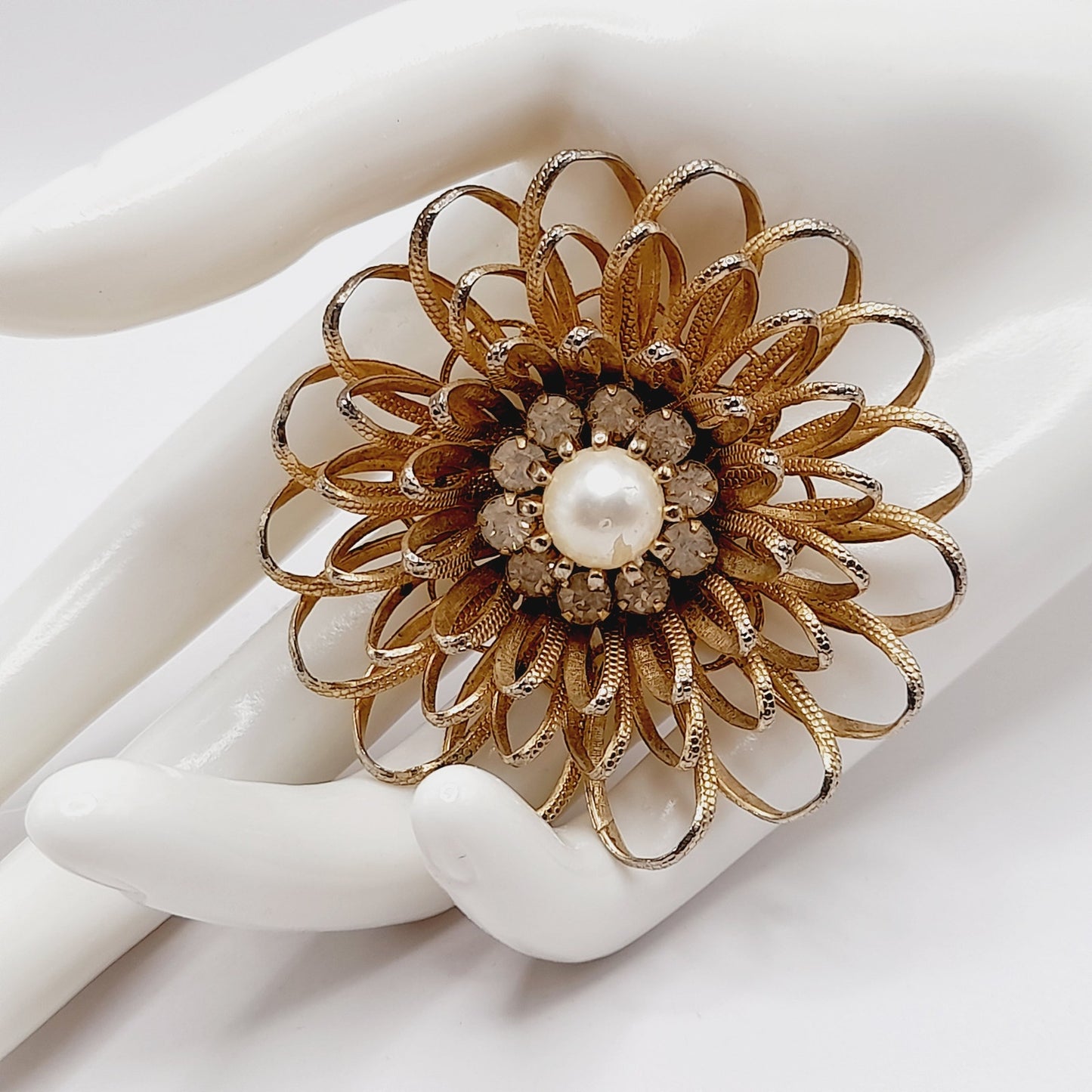 Vintage 1950s Gold Tone Floral Brooch, Faux Pearl Rhinestone Center, Mid-Century Jewelry