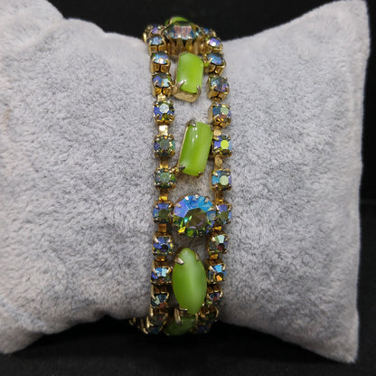 Mid-Century Green Blue AB Rhinestone Bracelet, Aurora Borealis, 1950s Vintage Jewelry