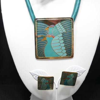 Laurel Burch "Moon Doves" Pendant Necklace & Earrings, Gold Plated, Cloisonné Enamel, 1980s Vintage Jewelry
