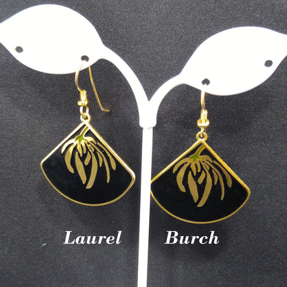 Laurel Burch Floral Earrings, Gold Plating, Black Enamel, Willow Fan, 1980s Vintage Jewelry