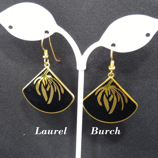 Laurel Burch Floral Earrings, Gold Plating, Black Enamel, Willow Fan, 1980s Vintage Jewelry