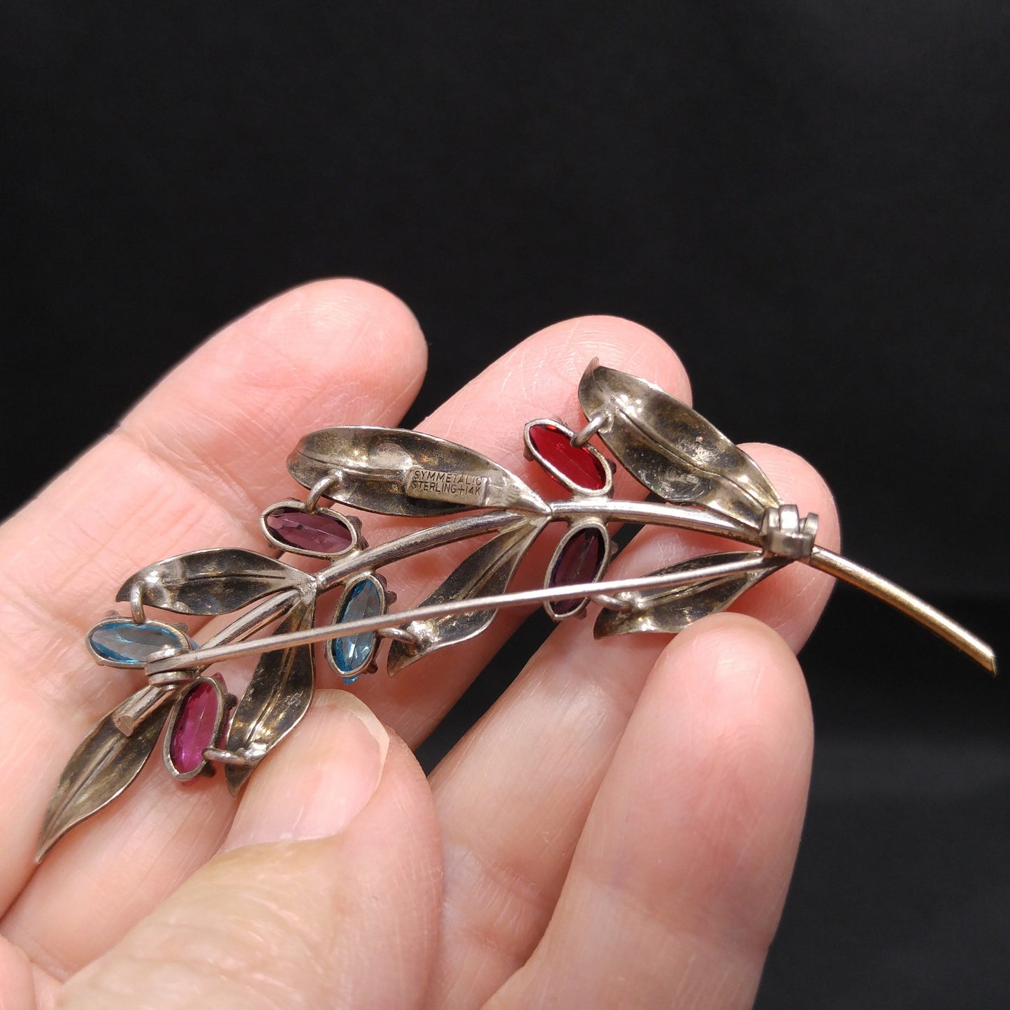 Symmetalic Sterling & 14K Gold Brooch, Rhinestone Accents, 1940s Vintage Jewelry