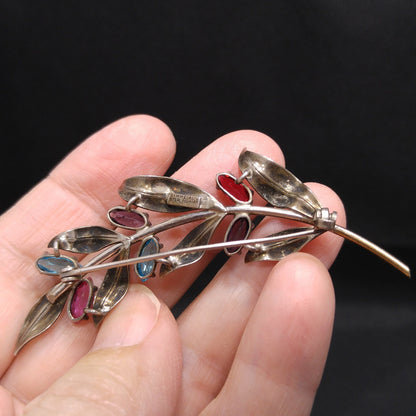 Symmetalic Sterling & 14K Gold Brooch, Rhinestone Accents, 1940s Vintage Jewelry