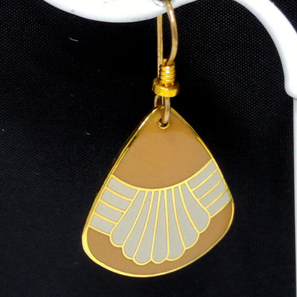 Vintage Laurel Burch Waterfall Earrings, Gold Plated, Beige & Gray Enamel