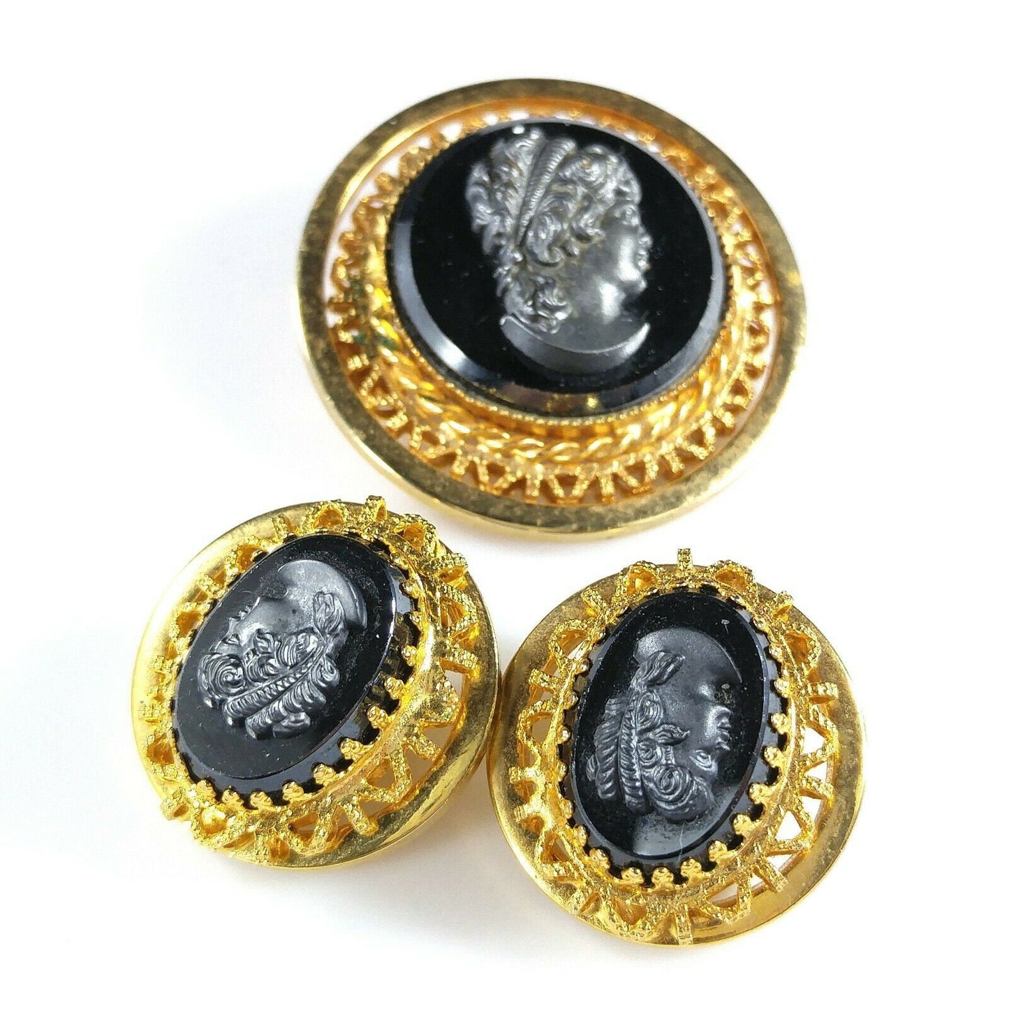 Vintage Cameo Hematite Brooch & Clip Earrings, Filigree Pin Set W Germany Style, 1950s Vintage Jewelry