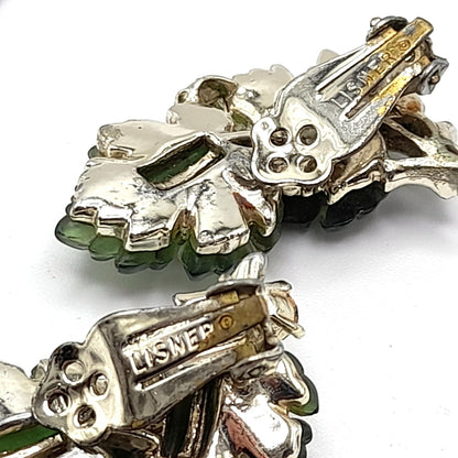 Vintage Lisner Rhinestone Lucite Necklace Earrings Set, Green Molded Leaves Jewelry, 1960s