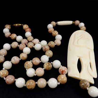 1950s Elephant Pendant Gemstone Beaded Necklace Hand Knotted 32” Vintage Jewelry