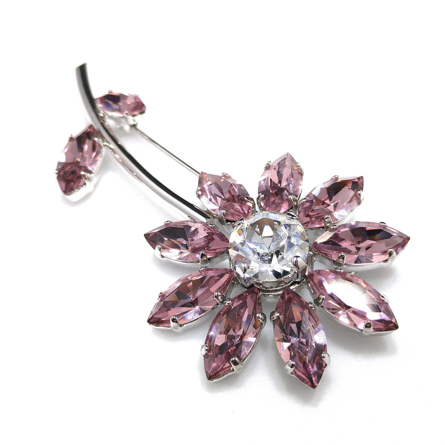 Swarovski Pink Crystal Flower Brooch, Clear Center, Swan Logo