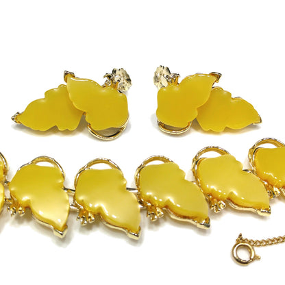 Yellow Thermoset Leaves Bracelet & Earrings, Gold Plated, Ear Climbers, 1960s Vintage Jewelry