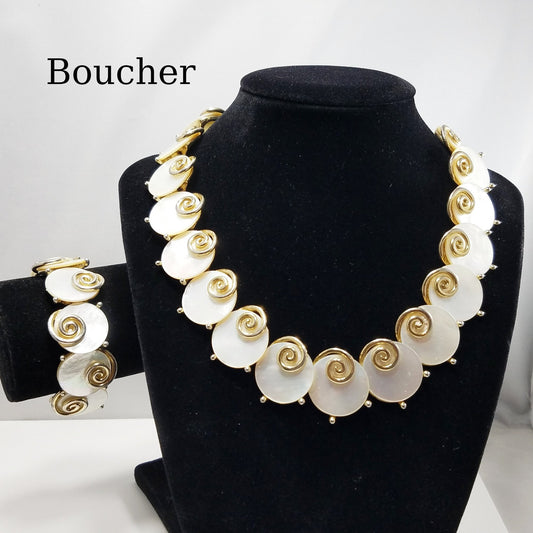 Boucher MOP Disk Necklace & Bracelet, Mother of Pearl, 1950s Vintage Jewelry