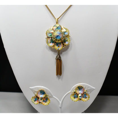 Vintage Rivoli Pendant & Earrings, Aurora Borealis Rhinestones, 1960s Vintage Jewelry