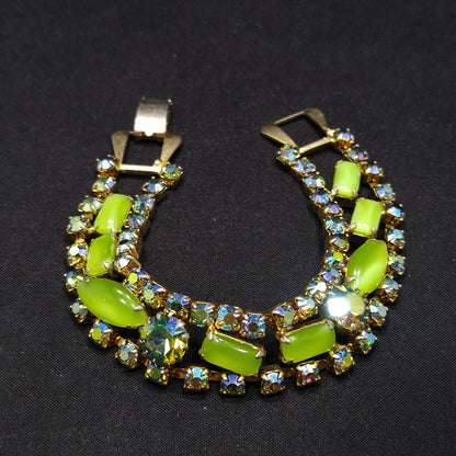 Mid-Century Green Blue AB Rhinestone Bracelet, Aurora Borealis, 1950s Vintage Jewelry