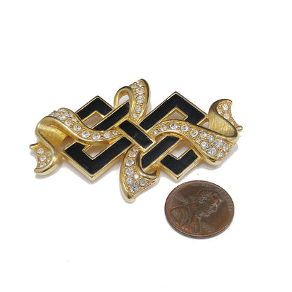 Vintage Swarovski Ribbon Brooch – Black Enamel & Clear Pavé Crystals, 1980s–1990s