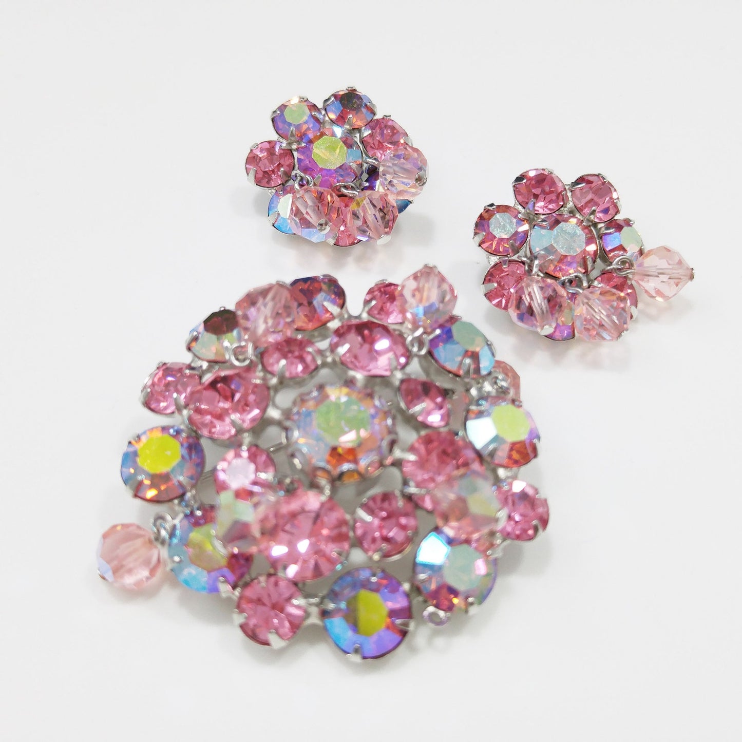 Weiss 1960s Pink Aurora Borealis Brooch & Clip Earrings Set | Dangling Crystal Beads | Vintage Mid-Century Jewelry