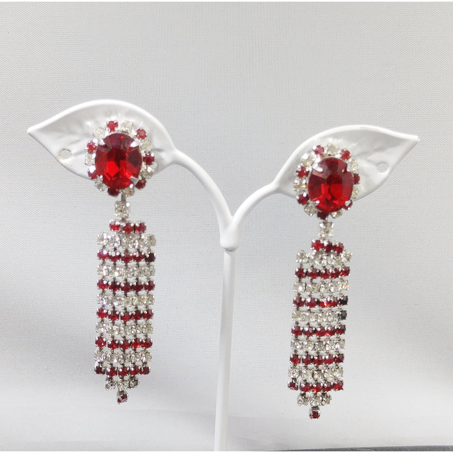 Red & Clear Long Rhinestone Earrings, Dangle , 1960s Vintage Jewelry